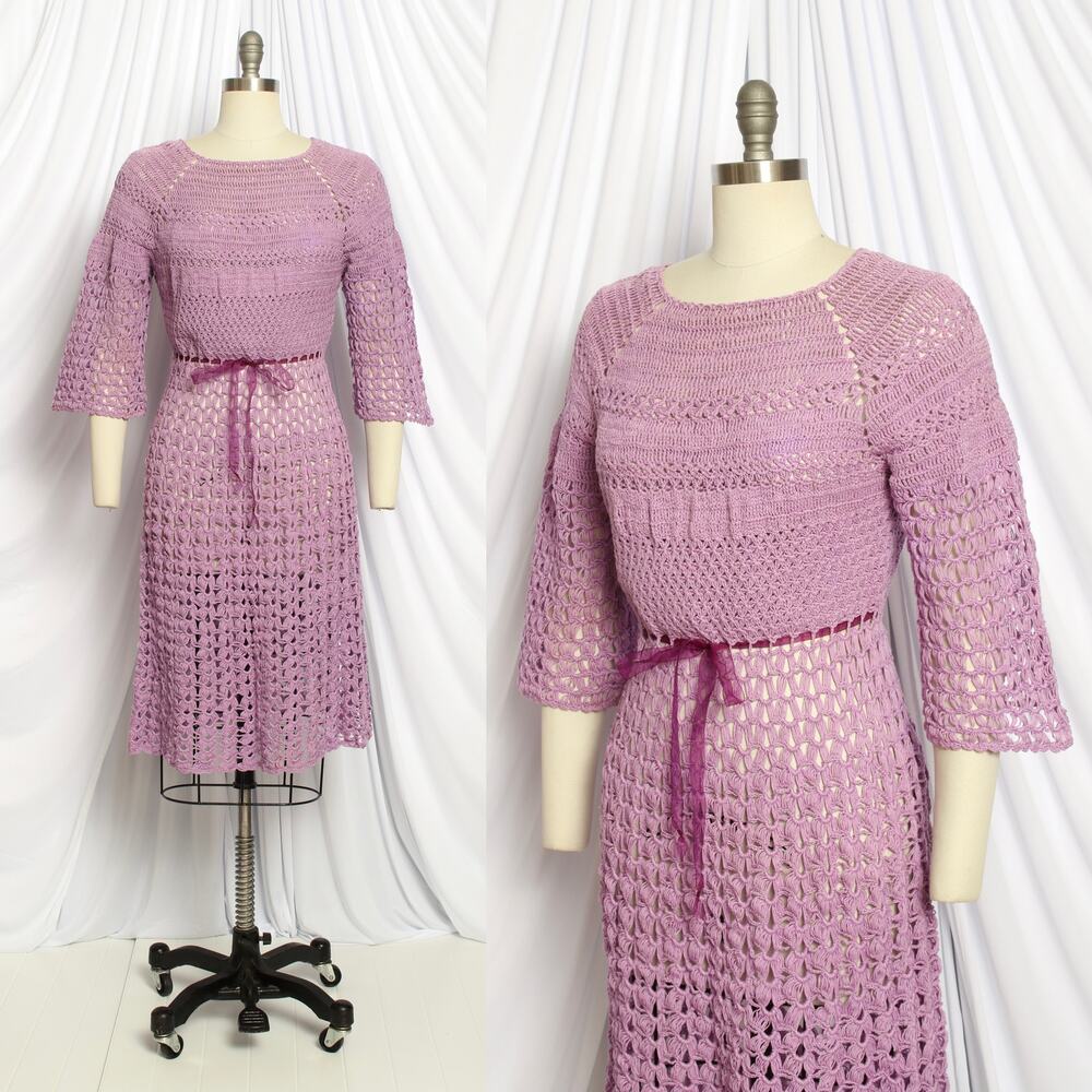 Vintage 1970s Sweater Dress 70s Purple Crochet Cotton Bell Sleeve Sheath Knit